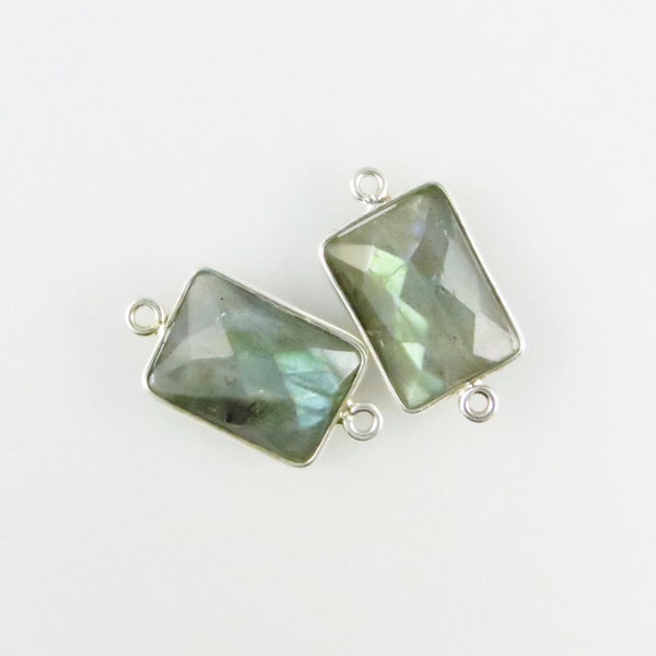 21mm - 22mm Labradorite Bezel Gemstone Connector, Rectangle, Faceted, Sterling Silver - Matching Pair (CN271)