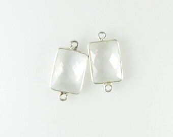 Conectores de bisel de doble asa de cuarzo cristal de 15 mm a 16 mm, facetados rectangulares, plata de ley, anillos cerrados: dos (2) piezas a juego (CN854)