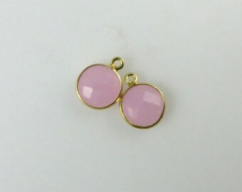 14mm Rose Quartz Bezel Drop, Round, Faceted, Gold Vermeil - Matching Pair - Perfect for Earrings (CN631)