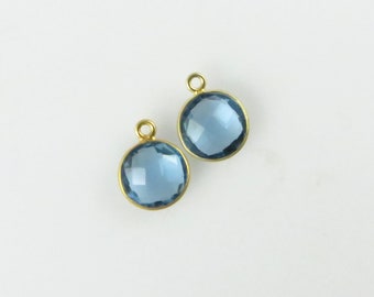 14mm Denim Blue Topaz Bezel Drop, Round, Faceted, Gold Vermeil - Matching Pair - Perfect for Earrings (CN621)