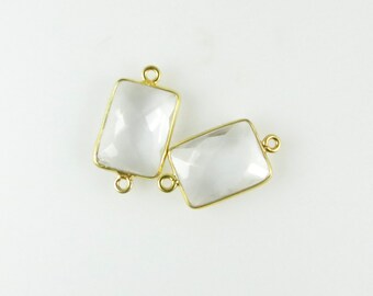 Conectores de bisel de doble asa de cuarzo cristal de 15 mm a 16 mm, facetados rectangulares, bañados en oro, anillos cerrados: dos (2) piezas a juego (CN855)