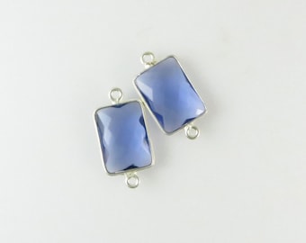 Conectores de bisel de doble asa de iolita de 15 mm a 16 mm, facetados rectangulares, plata de ley, anillos CERRADOS: dos (2) piezas a juego (CN849)