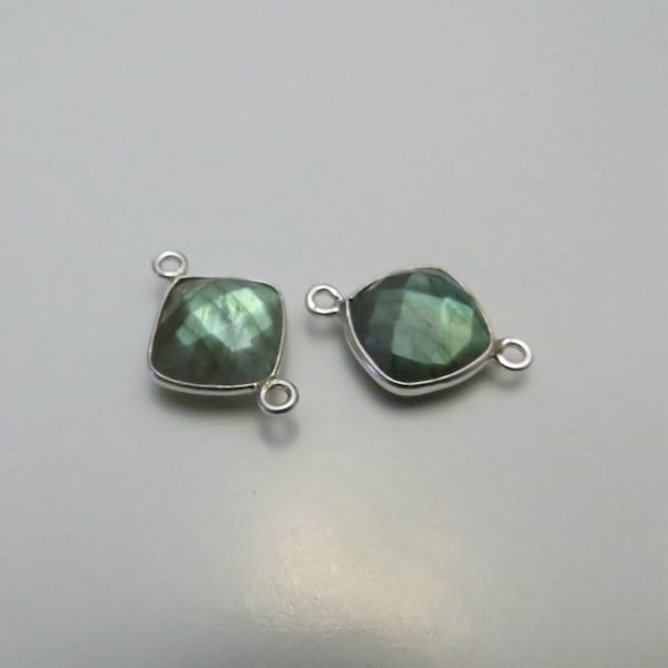 18mm - 19mm Labradorite Bezel Gemstone Connector, Diamond, Faceted, Sterling Silver - Matching Pair (CN258)