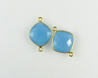 22mm - 23mm Blue Chalcedony Bezel Gemstone Connector, Diamond, Faceted, Gold Vermeil - Matching Pair (CN713)