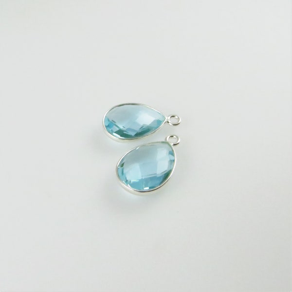 16mm Aquamarine Bezel Drop, Droplet, Faceted, Sterling Silver - Matching Pair - Perfect for Earrings (CN443)