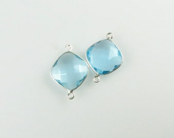 22mm - 23mm Aquamarine Bezel Gemstone Connector, Diamond, Faceted, Sterling Silver - Matching Pair (CN714)