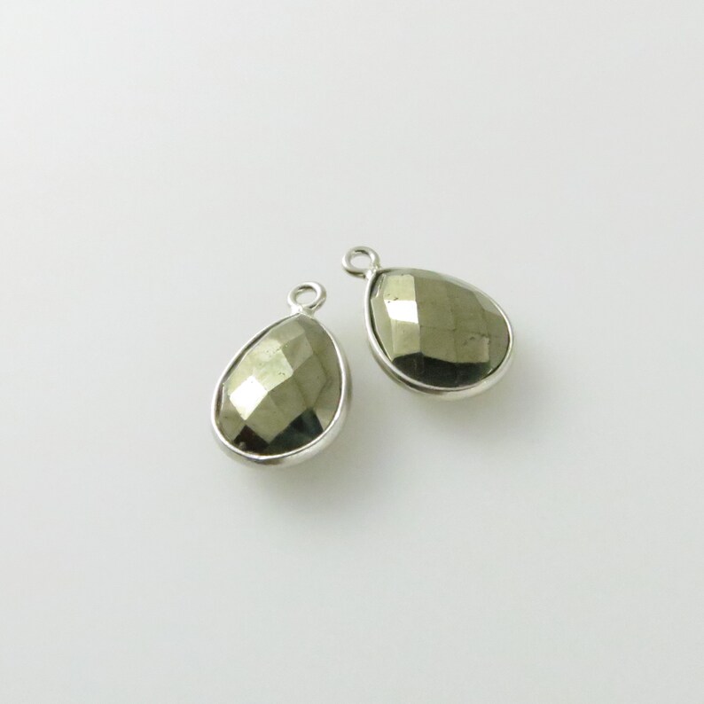 16mm Pyrite Bezel Drop, Droplet, Faceted, Sterling Silver Matching Pair Perfect for Earrings CN520 image 4