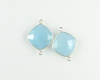 22mm - 23mm Blue Chalcedony Bezel Gemstone Connector, Diamond, Faceted, Sterling Silver - Matching Pair (CN717)