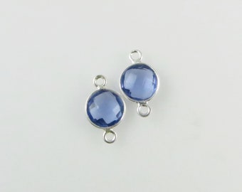 15mm Iolite Bezel Gemstone Connector, Round, Faceted, Sterling Silver - Matching Pair (CN643)