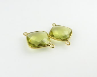 22mm - 23mm Lemon Quartz Bezel Gemstone Connector, Diamond, Faceted, Gold Vermeil - Matching Pair (CN701)