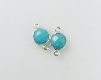 15mm Turquoise Bezel Gemstone Connector, Round, Faceted, Sterling Silver - Matching Pair (CN642)