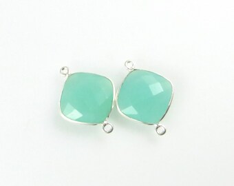 22mm - 23mm Aqua Chalcedony Bezel Gemstone Connector, Diamond, Faceted, Sterling Silver - Matching Pair (CN715)