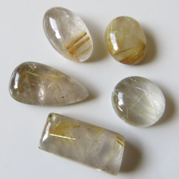 Golden Rutilated Quartz - Lot of Five (5) Flat-Back Gemstone Cabochons, 53.0 cts (GR359)