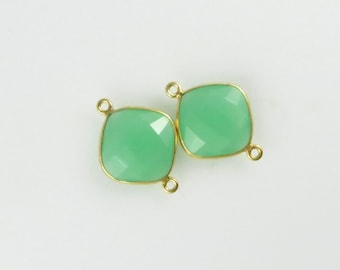 22mm - 23mm Green Chalcedony Bezel Gemstone Connector, Diamond, Faceted, Gold Vermeil - Matching Pair (CN709)