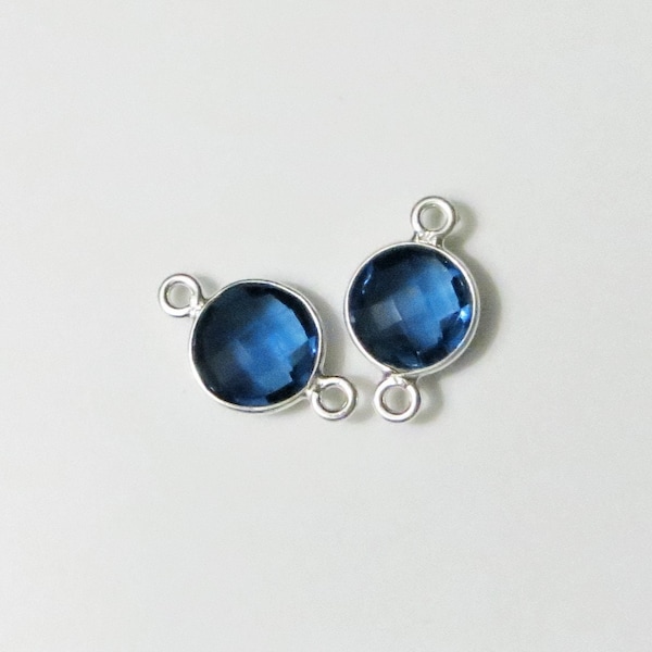 15mm London Blue Topaz Bezel Gemstone Connector, Round Faceted, Sterling Silver - Matching Pair (CN292)