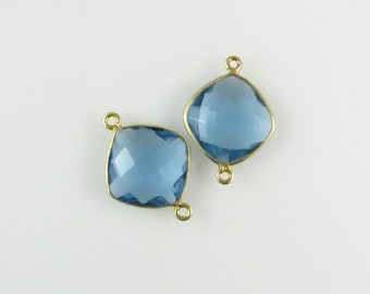 22mm - 23mm Denim Blue Topaz Bezel Gemstone Connector, Diamond, Faceted, Gold Vermeil - Matching Pair (CN707)