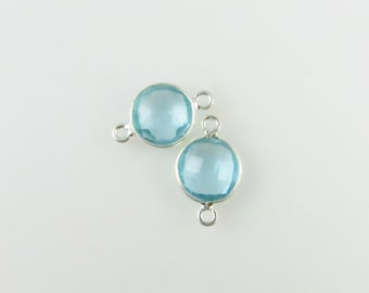 17mm Aquamarine Bezel Gemstone Connector, Round Faceted, Sterling Silver - Matching Pair (CN637)