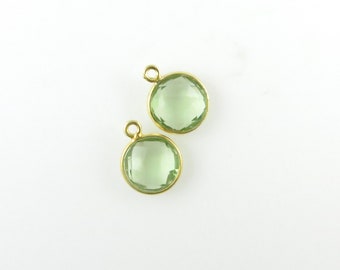 14mm Green Amethyst Bezel Drop, Round, Faceted, Gold Vermeil - Matching Pair - Perfect for Earrings (CN617)