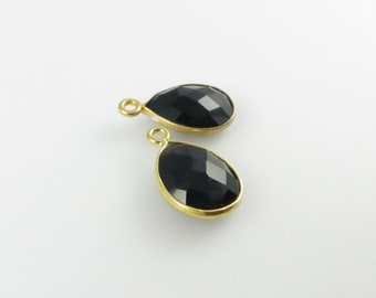 16mm Black Spinel Bezel Drop, Droplet, Faceted, Gold Vermeil - Matching Pair - Perfect for Earrings (CN404)