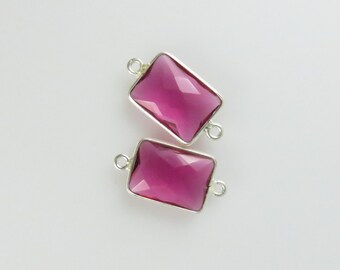 Conectores de bisel doble de turmalina rosa brillante de 15 mm a 16 mm, facetados rectangulares, plata de ley, anillos cerrados (par a juego) (CN856)
