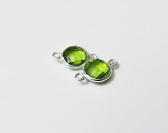 15mm Peridot Bezel Gemstone Connector, Round, Faceted, Sterling Silver - Matching Pair (CN299)