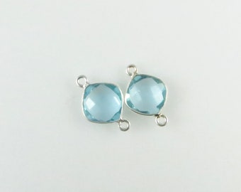 18mm - 19mm Aquamarine Bezel Gemstone Connector, Diamond, Faceted, Sterling Silver - Matching Pair (CN689)