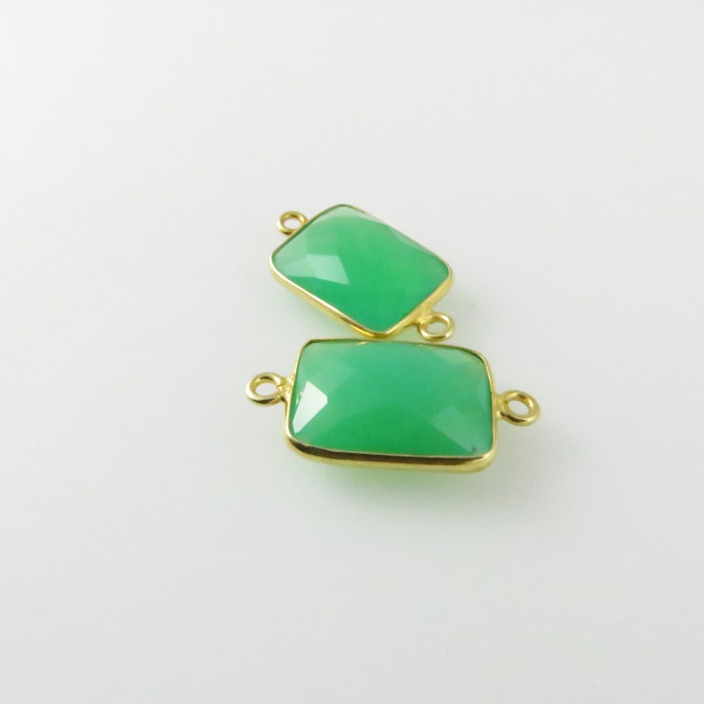 21mm 22mm Chrysoprase Bezel Gemstone Connector, Rectangle, Faceted, Gold Vermeil Matching Pair CN501 image 1