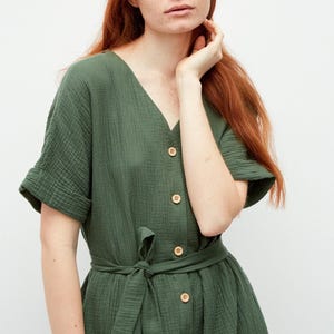 V-Neck Muslin Button-Down Short Sleeve Dress with Pockets
