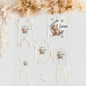 Moon Bear Personalized 10 Pcs Newborn Coming Home Outfit Set, 100% Organic Cotton Baby Boy Outfits, Baby Shower Gift, Customized Baby Gift