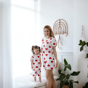 Mother-Daughter Pajama Set: Red Heart Print Cotton Sleepwear