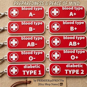 Etiquetas de identificación de alerta médica: grupo sanguíneo y diabetes tipo 1 o 2 / Llaveros de emergencia duraderos para mochilas, equipaje y bolsas médicas.