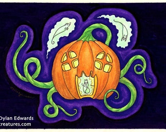 Jack-o-Lantern Haunted House with Ghost Mice - Feeping Creatures Monster Art by Dylan Edwards