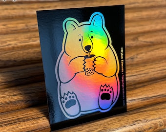 Bubble Tea Boba Bear holographic vinyl sticker - Feeping Creatures by Dylan Edwards