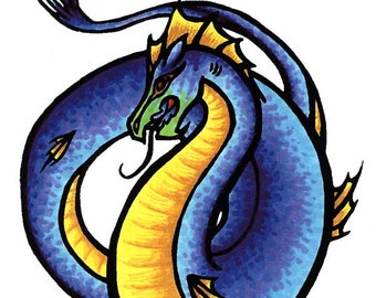Blue & Yellow Sea Serpent - Feeping Creatures original monster art