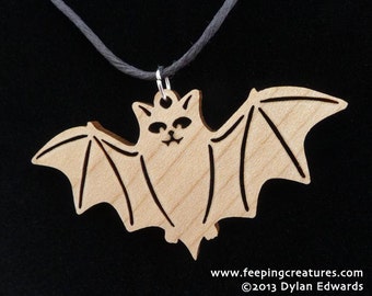 Laser-cut wood vampire bat necklace - Feeping Creatures jewelry