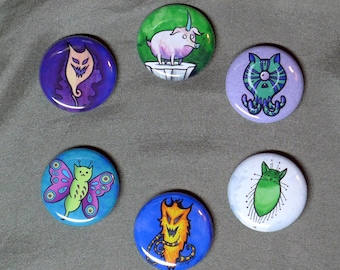 Feeping Creatures monster buttons - set of six 1-inch pinback buttons
