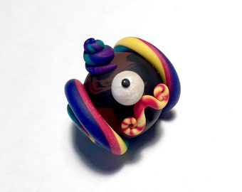 Rainbow Mustache Ball Cyclops - Feeping Creatures polymer clay monster figurine