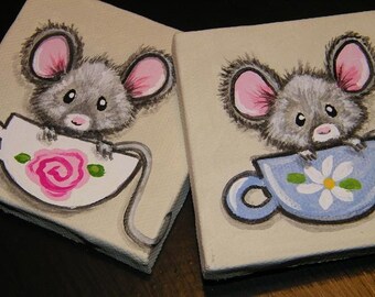 Custom Order A Cupful of Cute, Lil Mouse mini artwork 3x3 Original, mouse, mice, teacup