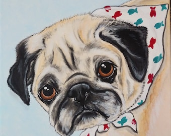 Pintura personalizada de retratos de mascotas 12x12 pintado a mano Pet Memorial, perro pintado, pug, regalo de dueño de perro, pintura de mascota