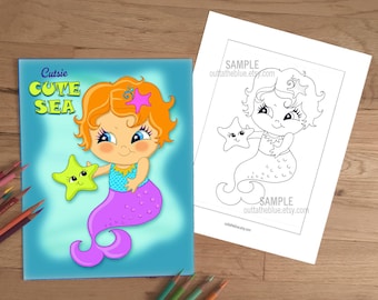 Lindos dibujos para colorear imprimibles de mar para niños, archivos PDF de carga digital, hojas para colorear para niños, dibujos de sirenas para colorear, 15 páginas