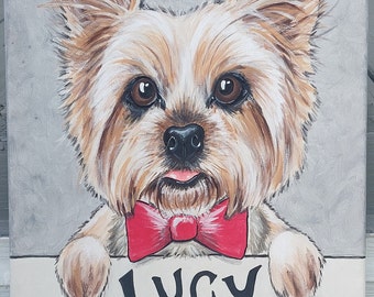 Retrato de mascota pintado PERSONALIZADO 11x14, monumento a la mascota, regalo del dueño de la mascota, personalizado, perro, gato, pajarita en el perro, arte de la mascota