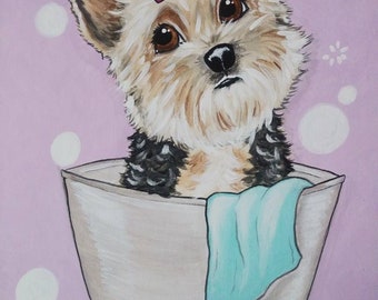 ¡Woofs caprichosos húmedos! Mascota pintada a medida en la bañera 11x14 lienzo, retrato de mascota, perro en bañera, baño para perros, regalo del dueño del perro, baño de burbujas, arte divertido