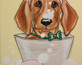 Wet Whimsical Woofs! Custom painted Pet in bathtub 11x14 canvas, pet portrait, dog in tub, dog bath, dog owner gift, bubble bath, fun art