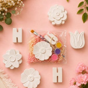 Könnte beinhalten: Ein Bastelset mit weißen Gipsformen, darunter Blumen und der Buchstabe H, einem kleinen Pinsel und drei kleinen Farbtöpfen in Gelb, Lila und Pink, verpackt in einem durchsichtigen Plastikbeutel mit geschreddertem Papier.