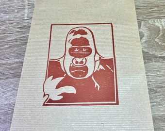 A5-Linolschnitt - Gorilla-Portrait - Auf Kraftpapier