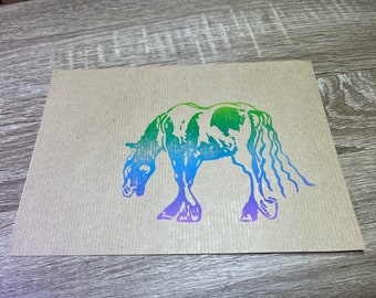 Linogravure A5 - Poney arc-en-ciel -  Papier kraft