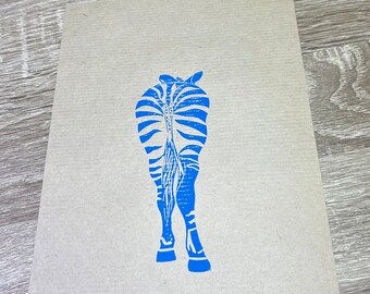 A5 linosnede - Blauwe zebra achterkant - Op kraftpapier