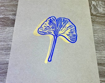 Ginkgo bleu doré - Linogravure sur papier kraft