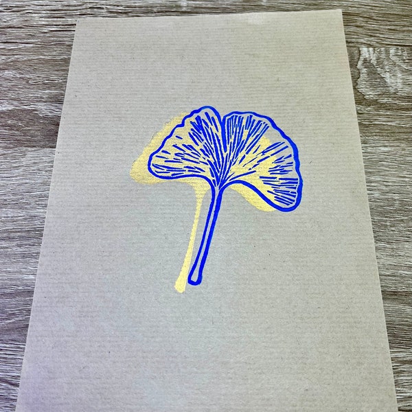 Ginkgo bleu doré - Linogravure sur papier kraft