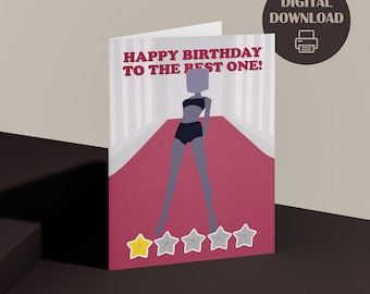 May include: A digital download of a birthday card featuring a cartoon figure standing on a red carpet with a one-star rating. The card reads "Happy Birthday to the Best One!"
